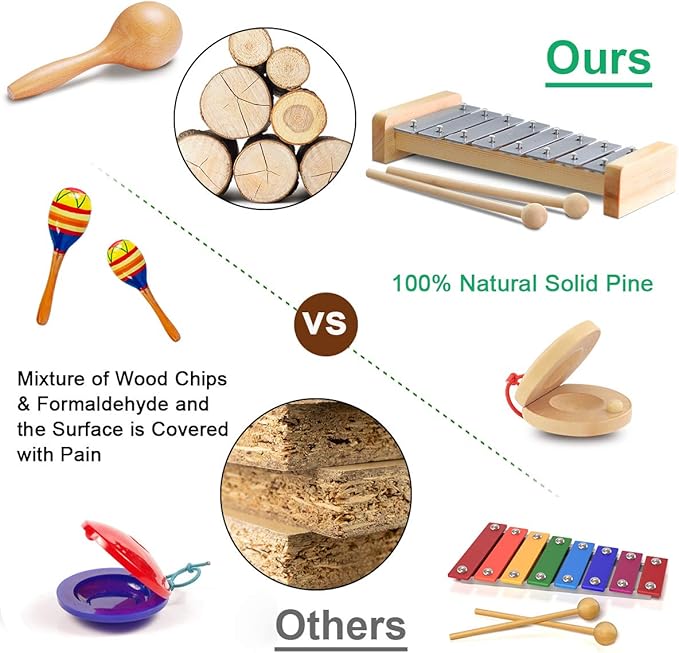 LOOIKOOS Toddler Musical Instruments, Eco Friendly Music Set for Kids Preschool Educational, Natural Wooden Percussion Instruments Musical Toys for Boys and Girls with Storage Bag