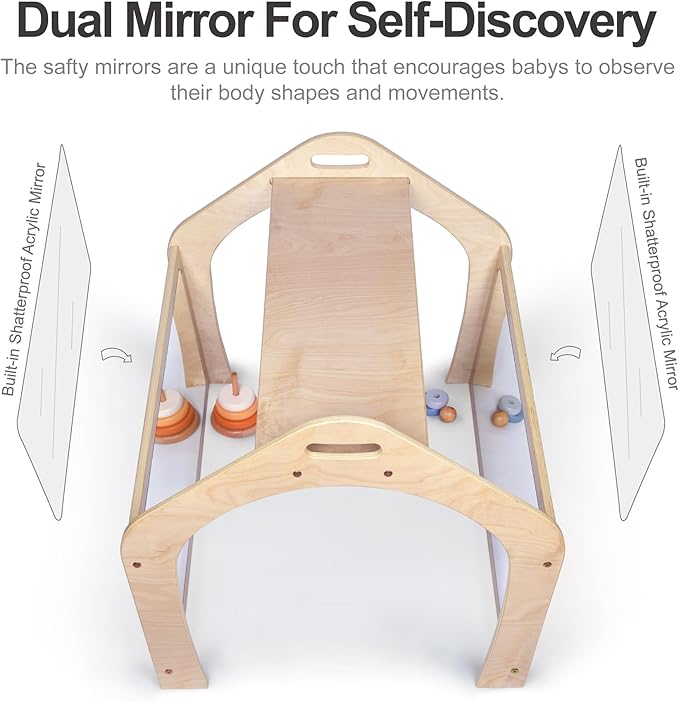 Wooden Playhouse for Toddlers w/Double Non-Shatter Safety Mirrors, Montessori Crawling Tunnel/Crawl-Through Play Set for Children and Kids, Daycare and Preschool Playroom(with Cushion)