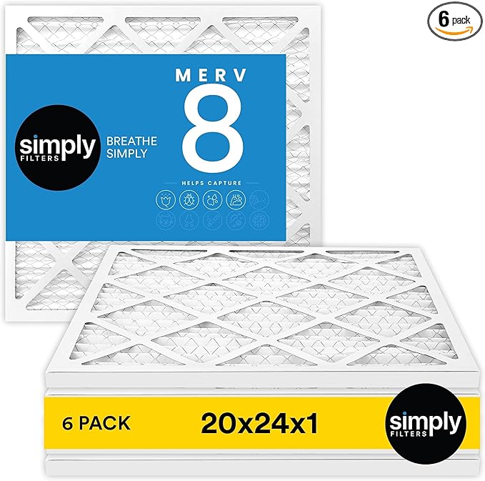 Simply 20x24x1 Air Filter, Merv 8, 6 Pack, For Home AC Furnace & HVAC (Actual Size: 19.75"x23.75"x0.75") DUST, Pet, & Allergy Control