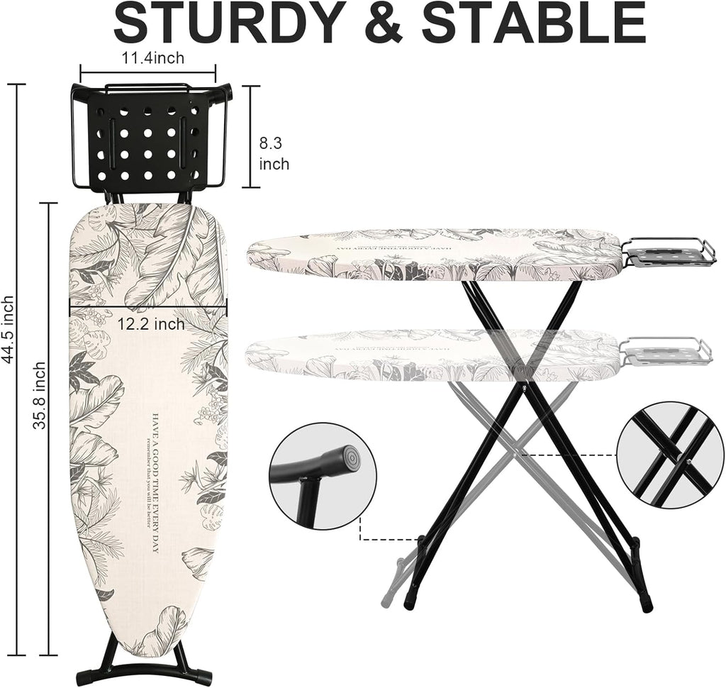 Ironing Board,Foldable Ironing Board Adjustable Height Compact Iron Board Thick Steel Tube Iron Board with Holder,Replacing Cloth Cover and Mini Handheld Gloves(Leaf Print)
