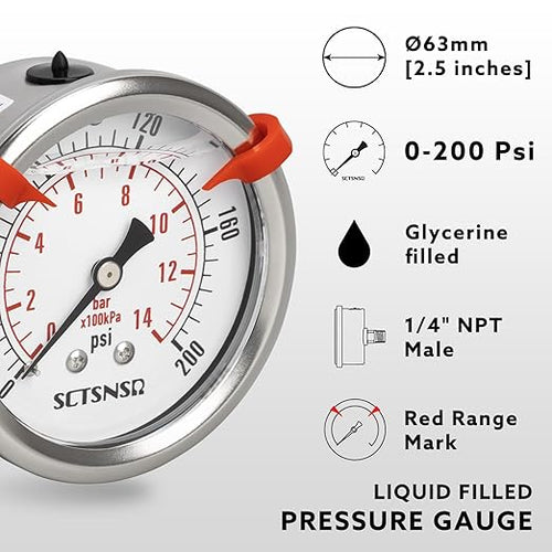 0 to 200 Psi Pressure Gauge, Glycerin Liquid Filled, 2.5 inch Dial, 1/4" NPT Back Mount, Stainless Steel Case, for Air Compressor, Shock, Water System, Well Pump, Tank, Pipe, Pressure Test