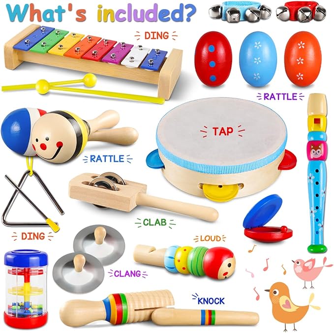 LOOIKOOS Toddler Musical Instruments Set Wooden Percussion Instruments Xylophone Toy for Kids Montessori Toys for 1 Year Old Boys Girls with Maracas Easter Eggs