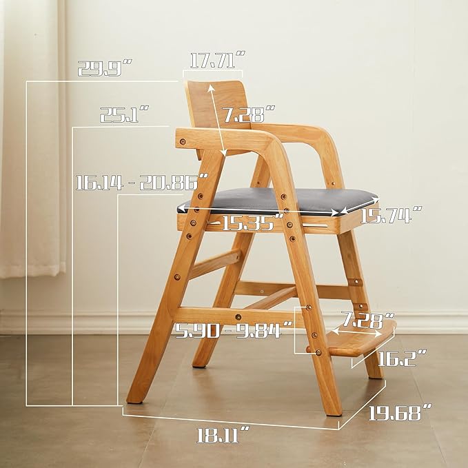 Solid Wood high Chairs for Toddlers,High Chair Grows with Kid for Dining, Study Chair for Children, Light Brown