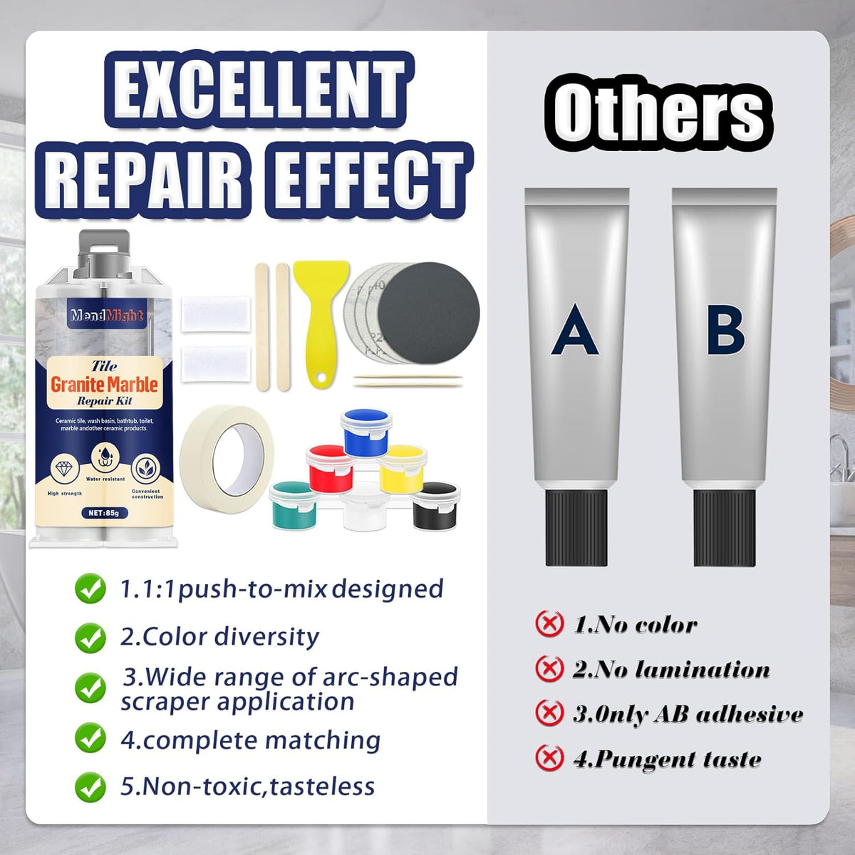 Tile and Granite/Marble Repair Kit, Porcelain Stone and Quartz Countertops Repair Kit for Chips Dents Cracks Holes Scratch, Fix Chipped Edges Corners, Reattaches Missing Pieces