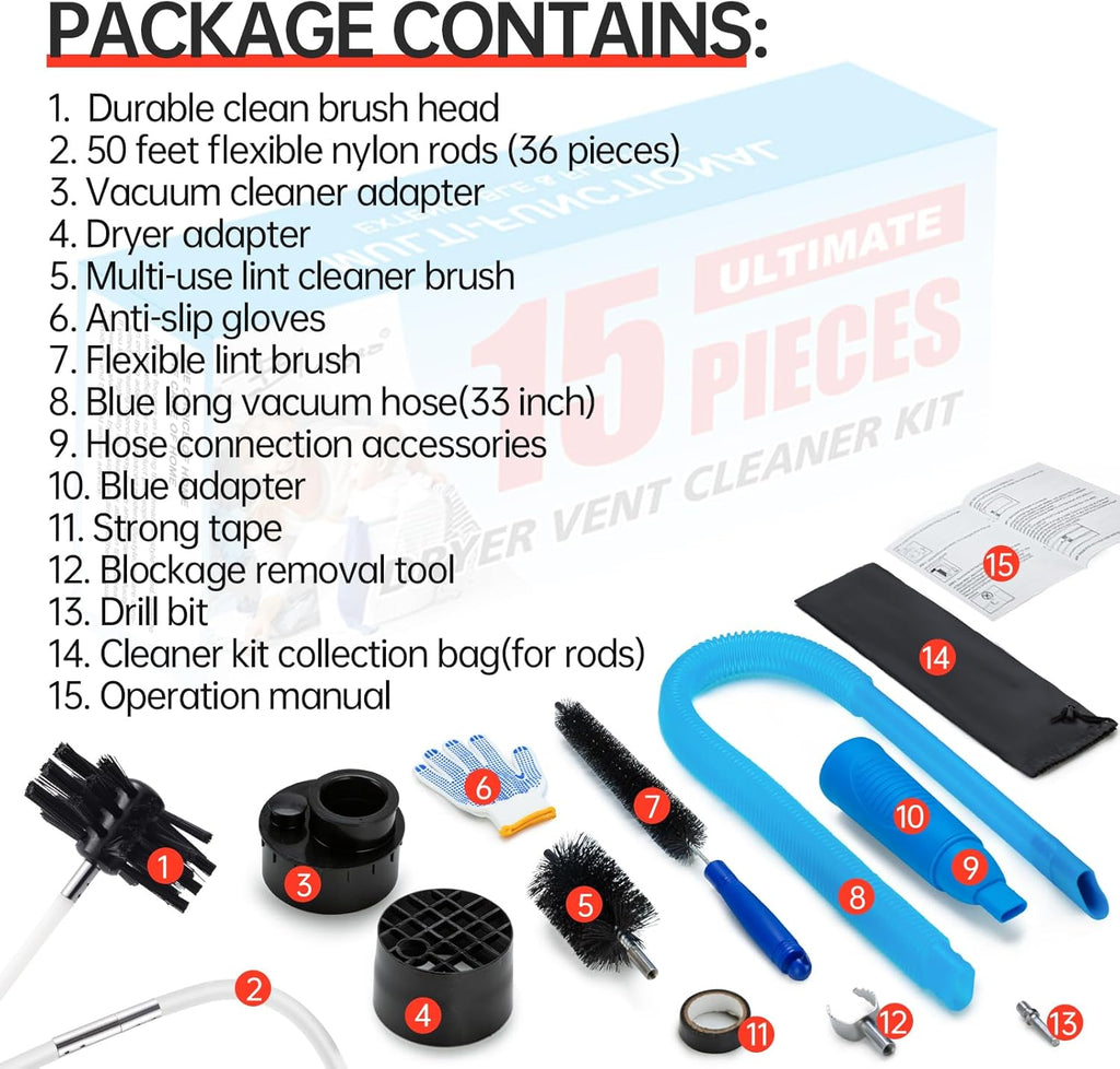 BLuesea Dryer Vent Cleaner Kit, 15-Piece Ultimate Dryer Cleaning Kit Include 50 Feet Dryer Vent Brush, Upgrade Noiseless Dryer Lint Vacuum Attachment, Lint Trap Brush, Vacuum & Dryer Adapters