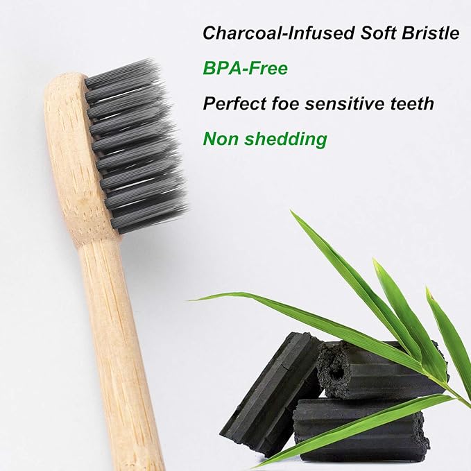 Biodegradable Bamboo Charcoal Toothbrushes, Soft Bristle, Eco-Friendly, Sustainable, BPA Free, Organic, Compostable, Travel Toothbrushes, 6 Pack