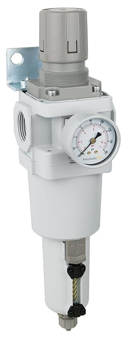 PneumaticPlus SAW600-N10BG-MEP Compressed Air Filter Regulator Piggyback Combo 1" NPT - Metal Bowl, Manual Drain, Bracket, Gauge
