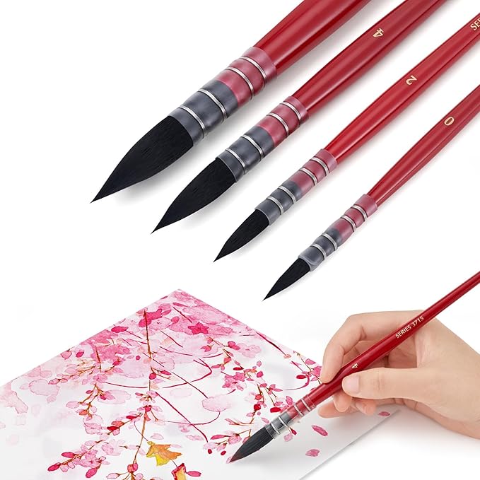 Lightwish Watercolor Brushes Set, Synthetic Squirrel Hair Paint Brushes kit for Artists, Adults, and Hobbists, Pointed Round Mop Brush for Watercolor, Gouache,4 Pcs