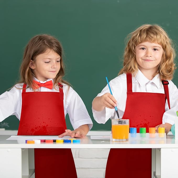 PLULON 10 Pcs Aprons for Kids Adjustable Kids Red Apron Bulk with Pocket Painting Aprons For Boys Girls Painting Cooking Baking (Red)