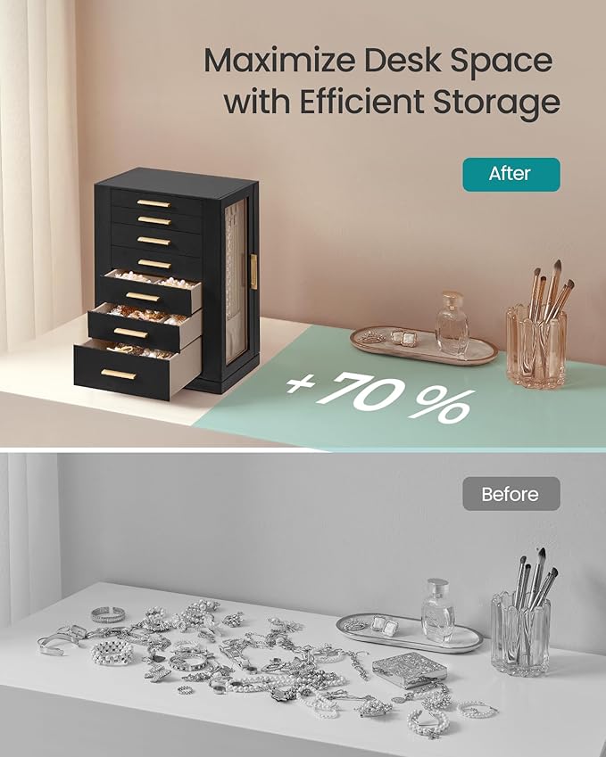 SONGMICS Jewelry Box 360° Rotating, Jewelry Storage Case with 7 Drawers, Jewelry Organizer, Glass Window, Spacious, Vertical Jewelry Storage, Open Design, Great Gift, Ink Black UJBC201B01