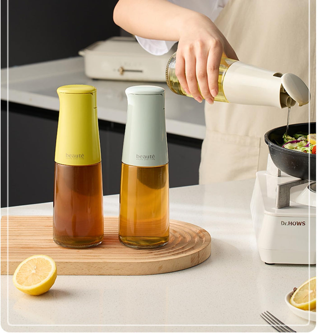 17oz Oil Bottles for Kitchen, Auto Flip、Non-Drip、Leak Proof, Cooking Oil Dispenser, Vinegar Dispenser, Cooking Glass Bottle with 500ml (Light Green)