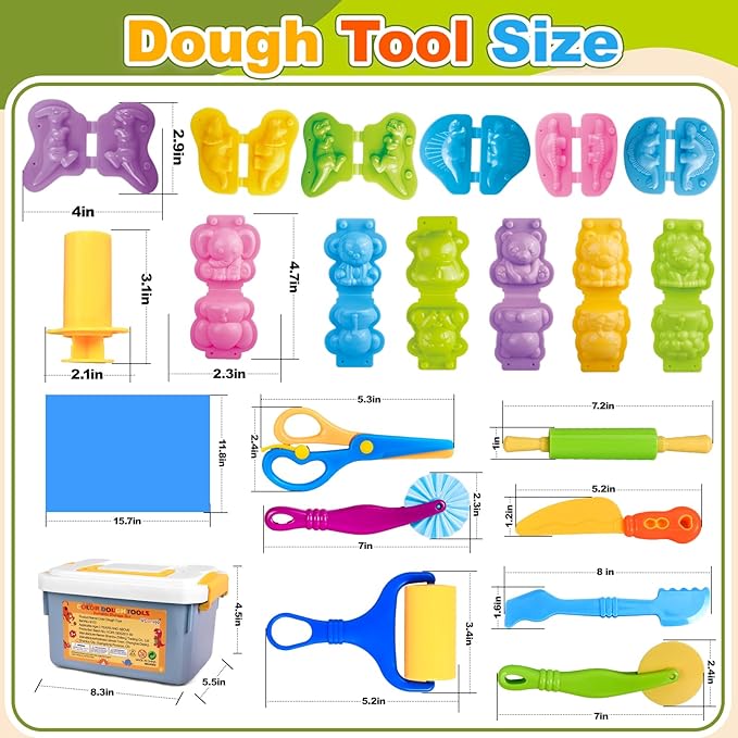 Dough Play Tools Sets for Kids, 22pcs Clay and Dough Accessories for Toddlers with Storage Box, Silicone Mat, Rolling Pins, Safety Scissors, Mini Knife,3D Dino & Animal Molds, Gift for Boys Girls