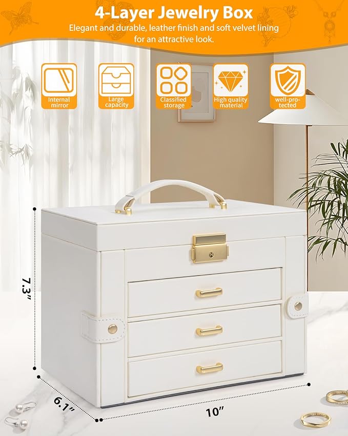 AKOZLIN Large 4-Tier Jewelry Box Leather Jewelry Storage Organizer with 3 Drawers Lockable for Women Girls Ring Necklace Earring Bracelet Watches Holder with Mirror White