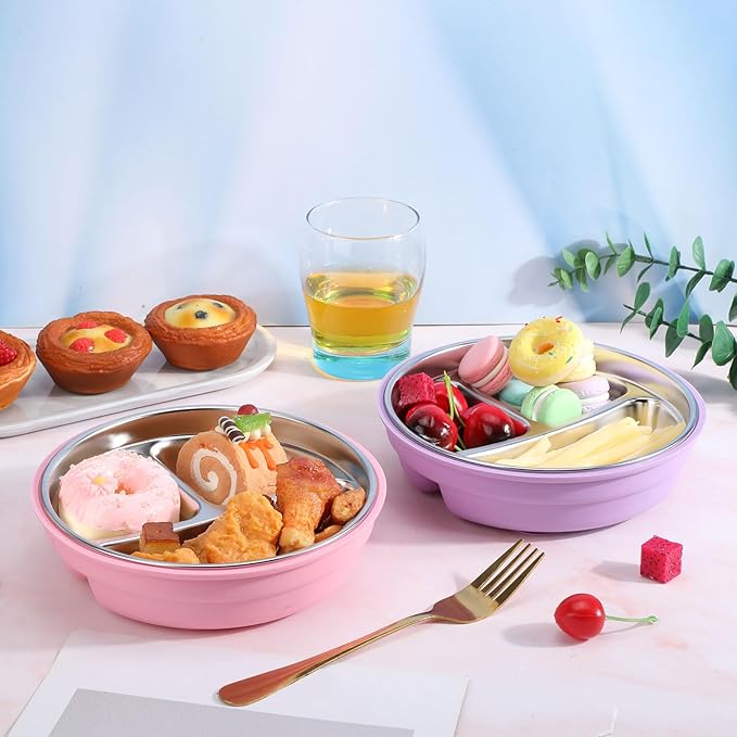 Nuogo 2 Pcs Stainless Steel Baby Suction Plates with Removable Silicone Shell 2-in-1 Metal Toddler Bowl Divided for Picky Eaters Kids Feeding Led Weaning Supplies, Dishwasher Safe (Purple,Pink)