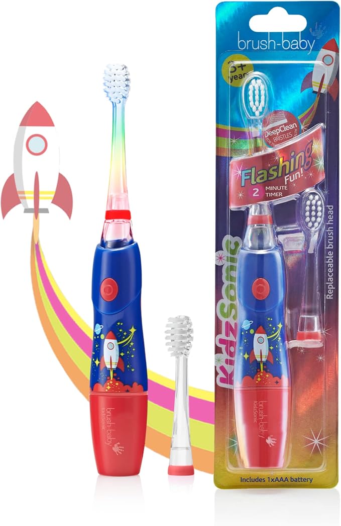 B07YVKSLHYBrush‑Baby - KidzSonic Rocket Kids Electric Toothbrush for Ages 3+ with Disco LED Lights, Gentle Sonic Vibrations, 2-Minute Smart Timer & 30‑Second Pulse Reminders – AAA Battery Included