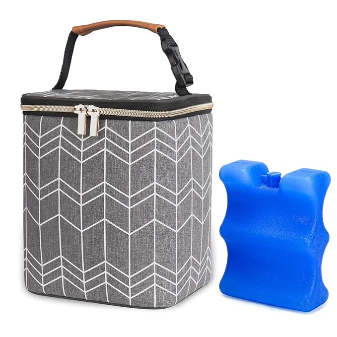 Breast Milk Cooler Bag with Ice Pack Fits 4 Baby Bottles Up to 9 Ounce, Baby Bottle Bag Great for Nursing Mom Daycare, Grey
