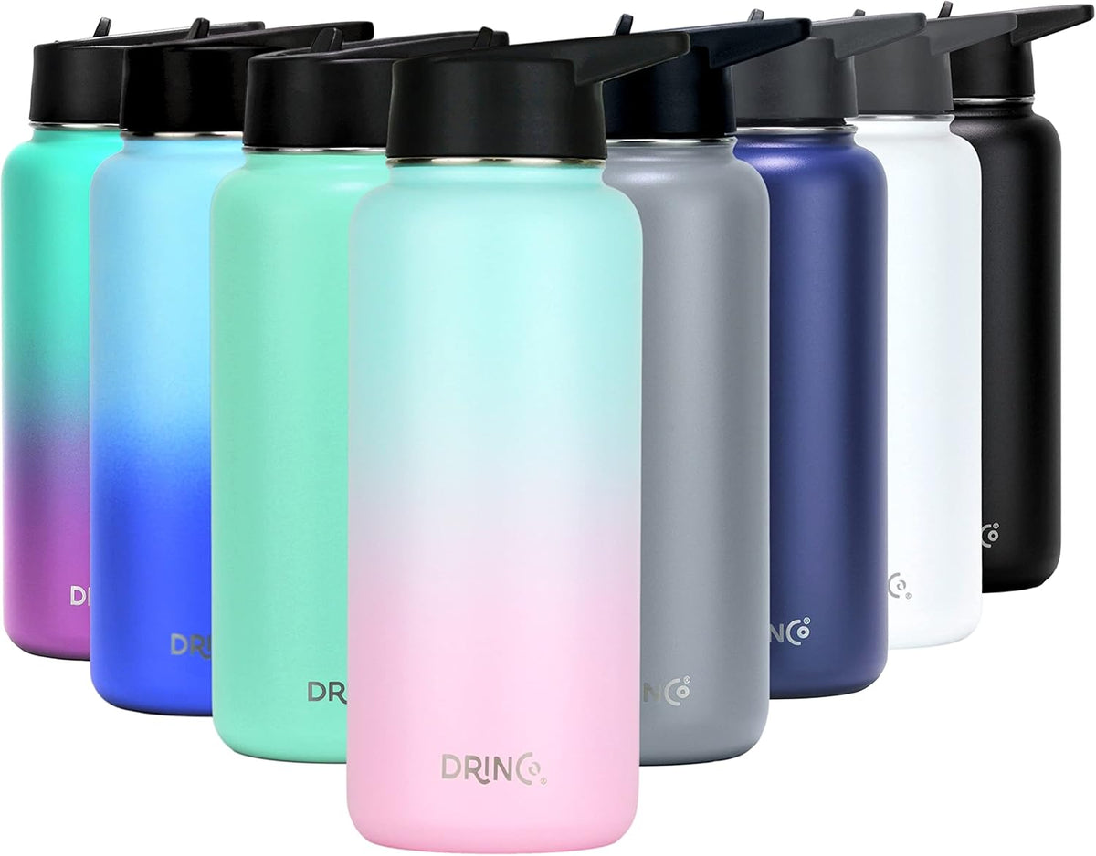 DRINCO Stainless Steel Water Bottle Spout Lid Vacuum Insulated Double Wall Water Bottle Wide Mouth (40oz 32oz 22oz 18oz 14oz) Leak Proof Keeps Cold or Hot (32 oz, 32oz Macaron)