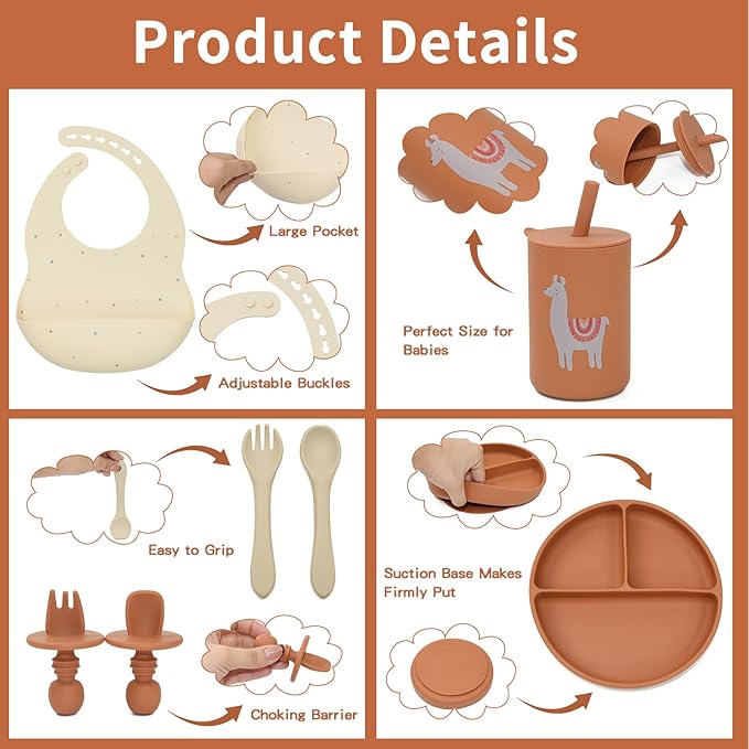 Silicone Baby Feeding Set, Baby Led Weaning Supplies, Baby Spoons Suction Divided Plate Bib Cup, First Stage Solid Food Eating Utensils - 6+ Months(Orange-Beige)