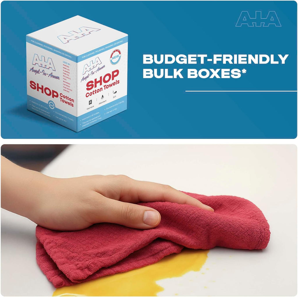 Angel-in-Armor Red Shop Towels (14”x14”) – 500 Unit Box of Lint-Free Cotton Shop Towel Cleaning Rags – Durable Shop Rags for Auto, Garage, Industrial, and Commercial Use
