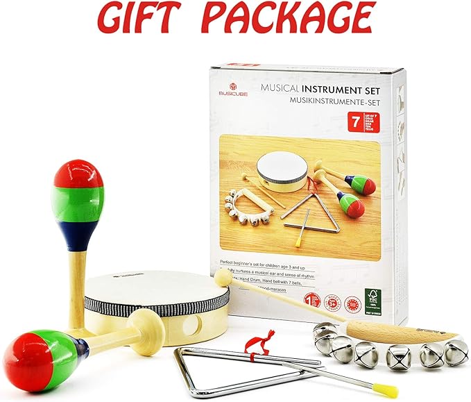 MUSICUBE 7 Pcs Musical Instrument Toys Set for Kids Wooden Percussion Instrument with Hand Drum, Maracas, Triangles, Hand Bell Educational Instrument for Toddler Birthday Gift for Boys Girls Aged 3+