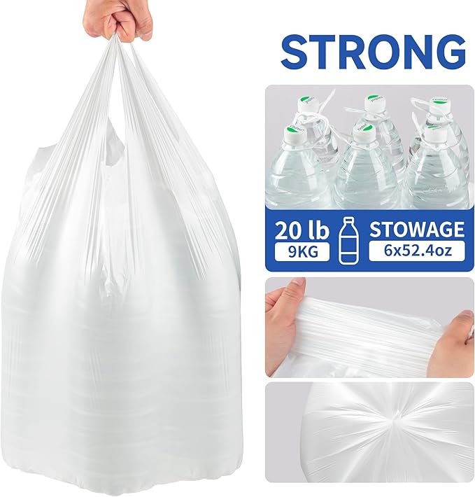 Small Trash Bags with Handles 4 Gallon 50 Count White - Ocean Plastic Upcycling - Plastic Garbage Bags, Can Bin & Waste Basket Liner for Kitchen, Bathroom, Office and Pets