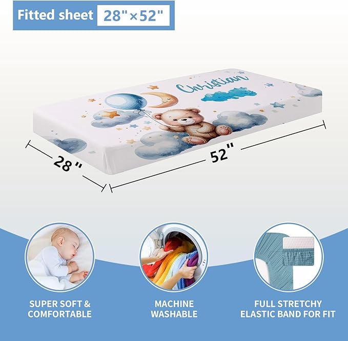 Personalized Crib Set, 5 Pcs Custom Baby Crib Set with Name, Blue Moon Bear Baby Bedding Set for Boys Girls, Double Layer Nursery Bedding Set, Toddlers Infants New Parents Gift