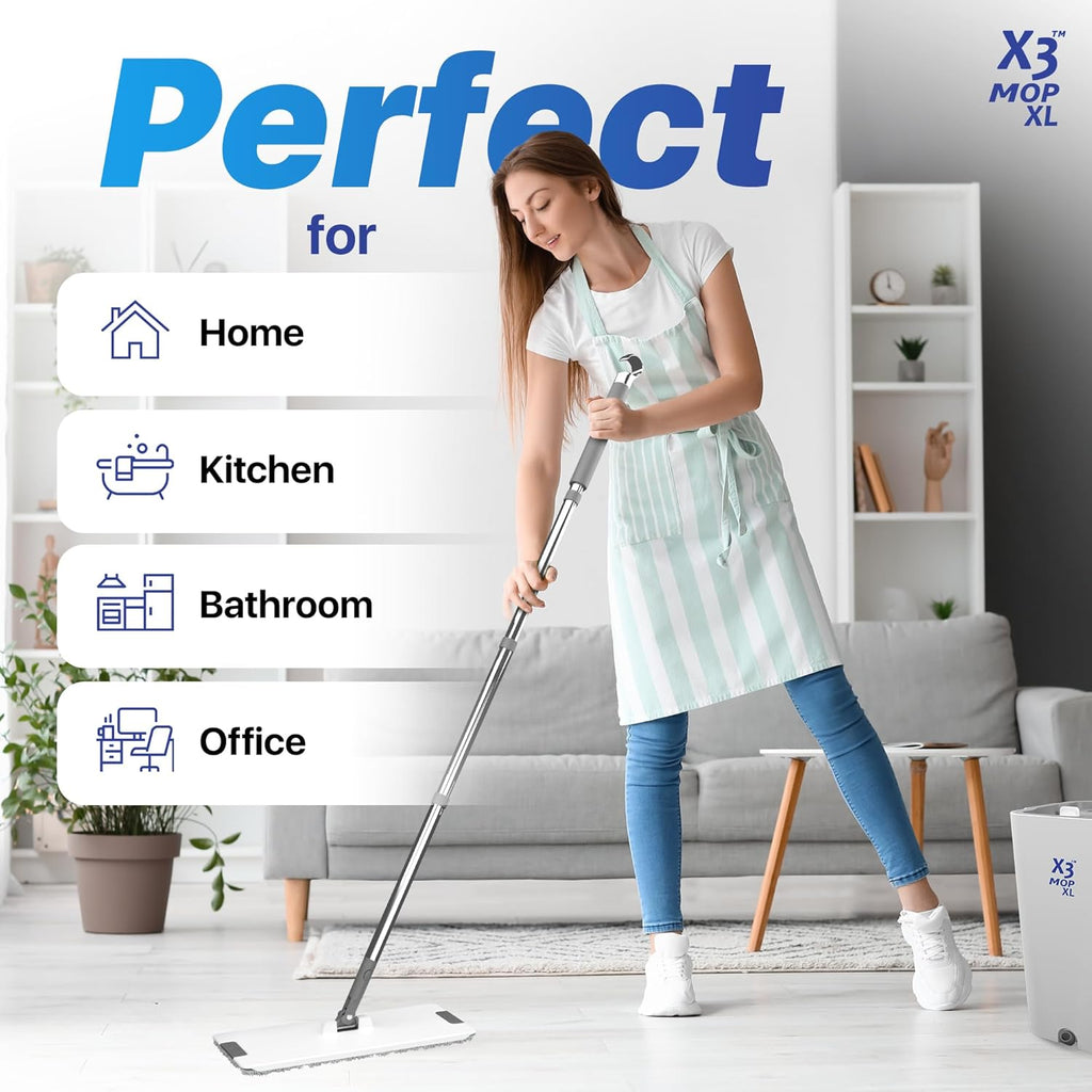 X3 Mop XL, Separates Dirty and Clean Water, 3-Chamber Design, Flat Mop and Bucket Set, Hands Free Home Floor Cleaning, 3 Reusable Microfiber Mop Pads Included