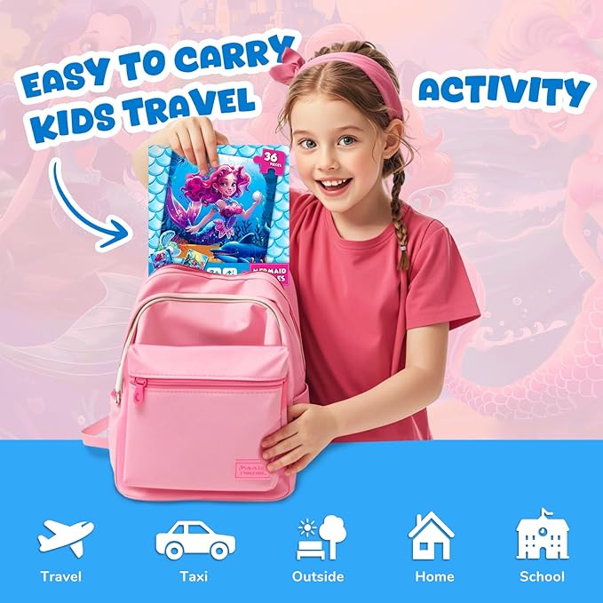 Magnetic Jigsaw Puzzles for Toddlers Kids 3-8 Girls,(3 36-Pieces) Travel Puzzles Toys for Kids Ages 4-6,Take-Along Car Airplane Road Trip Activities Game for 3 4 5 6 7 8 Year Old Birthday Gift,Mermaid