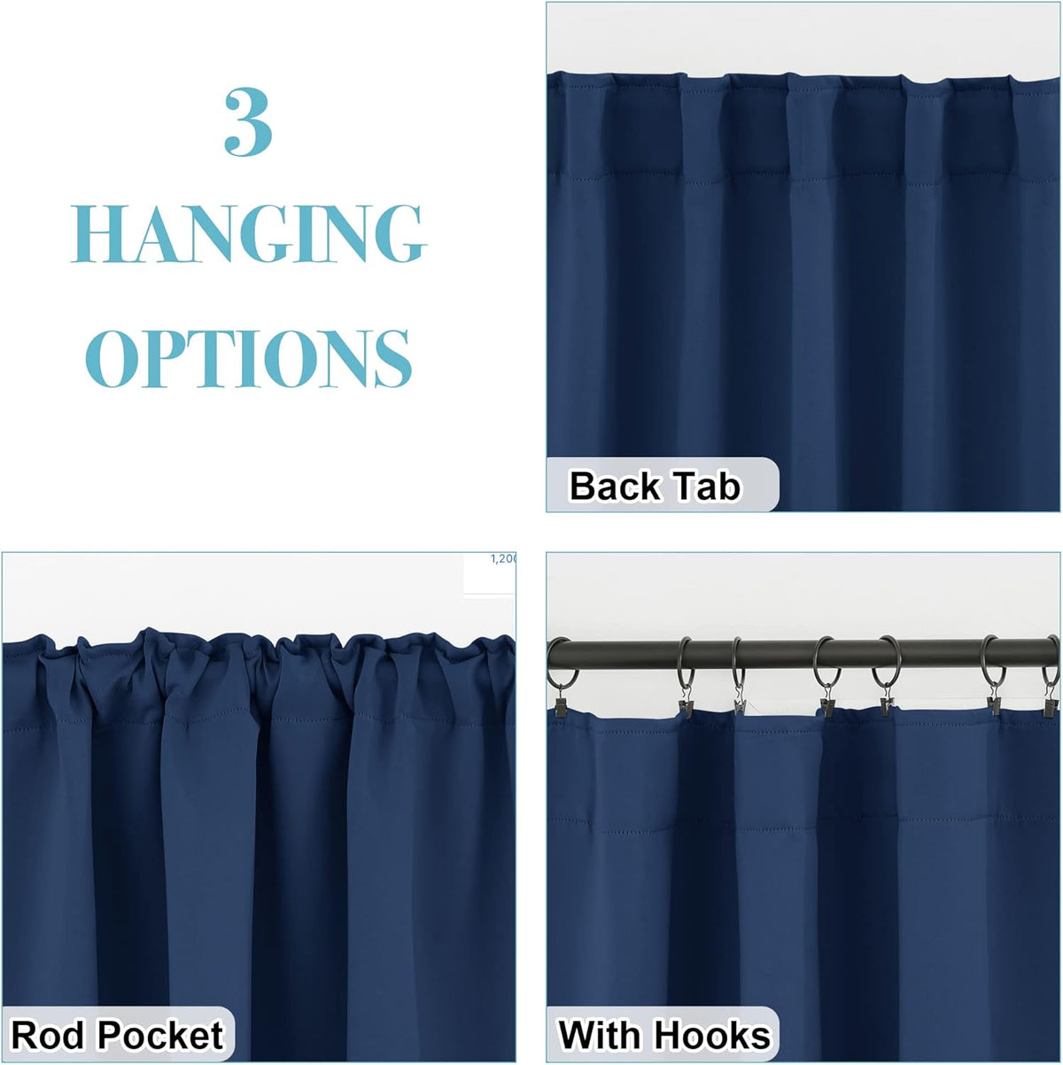 RYB HOME Blackout Curtains for Living Room, Back Tab & Rod Pocket Top Insulating Window Decor for Bedroom Dining Classroom Home Office, W 62 x L 63, Navy, 2 Panels