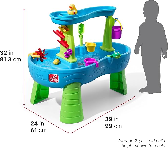 Step2 Rain Showers Splash Pond Water Table, Kids Water and Sand Activity Sensory Playset, Summer Outdoor Toys, 13 Piece Water Toy Accessories, For Toddlers 1.5+ Years Old, Blue & Green