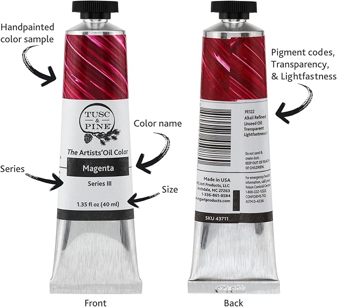 Tusc & Pine Artist Oil Paint - Magenta, 40 ml, Non-Yellowing, Rich & Creamy Consistency, Maximum Pigment Load, Small Batch Milled Oil Paints Made in the USA for Professional Artists