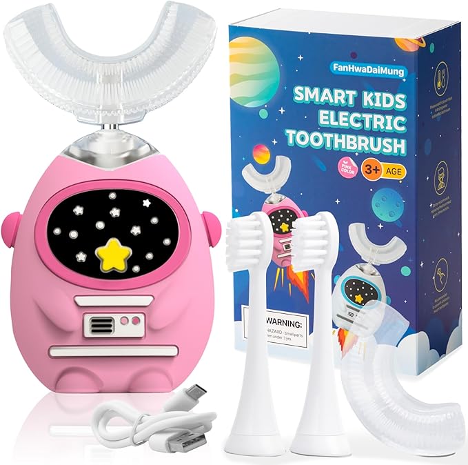 Kids U Shaped Electric Toothbrush with Music, 3 Modes, Voice Teaching, Mouthpiece Cleaning, Soft Bristle, Type-C Charging, Ages 3-12 Boys & Girls (Power Pink)