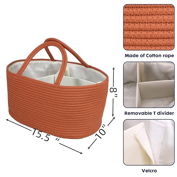 Large Baby Diaper Caddy Organizer for Girl Boy Rope Nursery Storage Bin Basket Portable Holder Tote Bag for Changing Table Car Travel Baby Shower Gifts Registry Must Haves Rustic