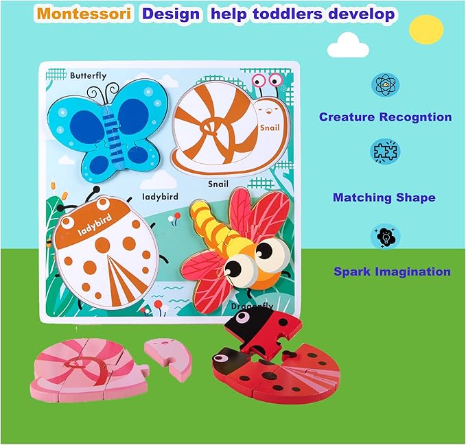 Wooden Creature Puzzles for Toddlers 2-4,Toddler Puzzle Ages 1-3, Montessori Educational Toys for 2 3 Years Old, Wood Learning Gifts for Preschool Kids Boys Girls