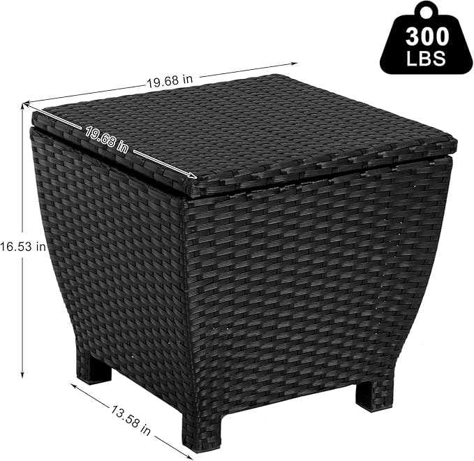 Sundale Outdoor Small Deck Storage Box with Lid, 13 Gallon Small Outdoor Bin Storage Container for Hose Cushions Towels, Patio Black Side Wicker Table with Storage-Steel, Rattan, Square