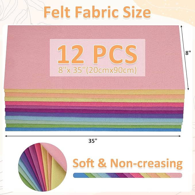 XSEINO 12 Rolls 8"x35" 1.4mm Thick Soft Felt Fabric Sheet 12 Assorted Macarone Series Colors Felt Pack for DIY Craft Sewing Squares Nonwoven Patchwork