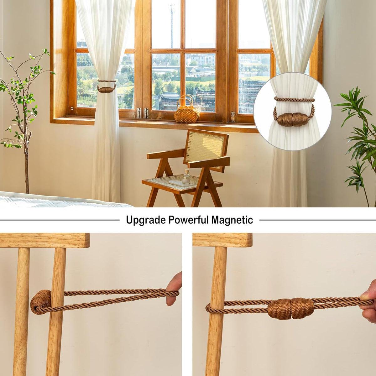 Magnetic Rope Curtain Tiebacks 6 Pack Holders for Drapes and Curtains, Khaki