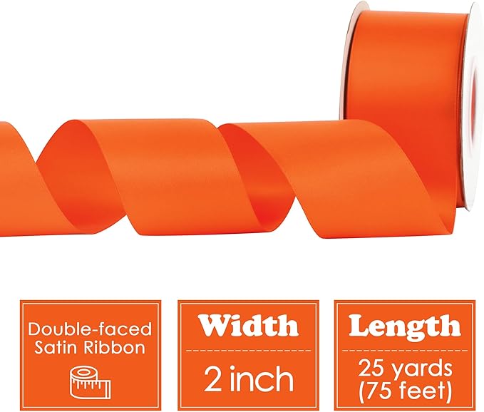 HUIHUANG Orange Satin Ribbon 2 inch Wide Double Faced Satin Ribbon Orange Ribbon for Gift Wrapping, Bows Making, Flower Bouquet, DIY Crafts, Wedding, Holiday Party Decor -25 Yards/Roll