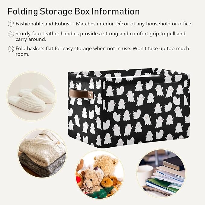 Storage Basket Bin Halloween Ghosts Organizer Basket Collapsible Shelf Basket Cube with handle for Nursery Bedroom Bathroom (white 24)