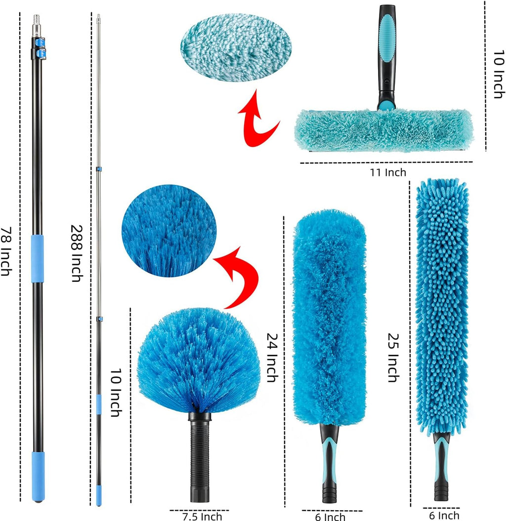 30 Foot High Ceiling Fan Duster with 6-24 Foot Extension Pole, Extendable Reusable Cobweb, Feather, Window Cleaning Squeegee Kit