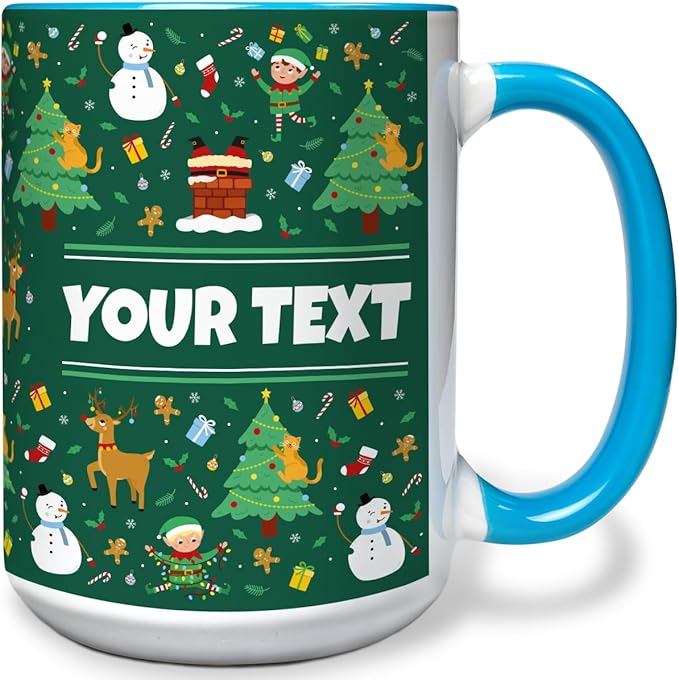 Personalized Mug for Kids - Christmas - Custom Name/Text, Ceramic Hot Chocolate/Cocoa/Coffee Cup for Boys/Girls, Holiday/Birthday Gift - 15 oz, Light Blue Handle