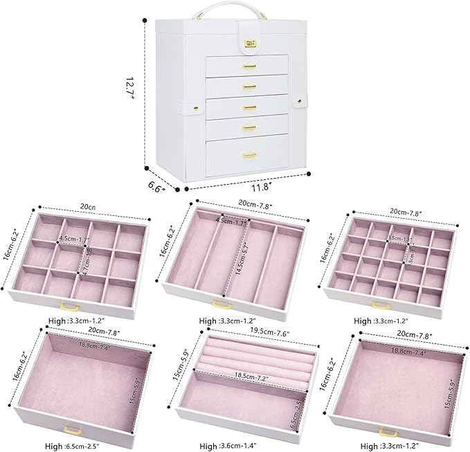 AKOZLIN Extra Large 6-Tier Jewelry Box Organizer with Mirror, 5 Drawers Leather Jewelry Storage Case for Women Girls Ring Necklace Earring Bracelet White