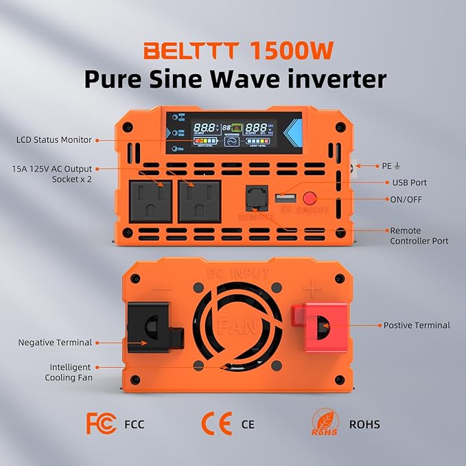 BELTTT 1500W Pure Sine Wave Inverter 12V to 120V AC, Car Power Inverter 12V to 110V Converter for RV, Truck, Solar, Off-Grid with Dual AC Socket, 5V 2.1A USB, Surge 3000W, Smart LCD Display