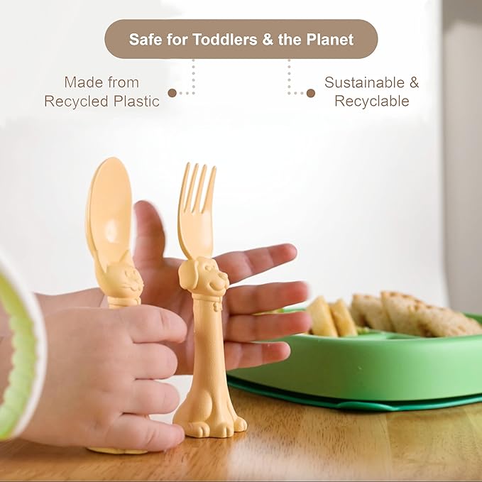 Made in USA Spoon la la Toddler Utensils Set (2 Pack) & Board Book - Spoon & Fork for Kids, Self-Standing 3D Ergonomic Cat & Dog Handles, BPA-free, Dishwasher Safe Baby Silverware (Yellow)