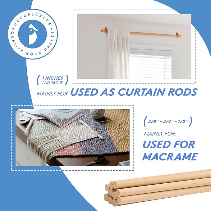 Dowel Rods Wood Sticks Wooden Dowel Rods - 1/2 x 18 Inch Unfinished Hardwood Sticks - for Crafts and DIYers - 25 Pieces by Woodpeckers