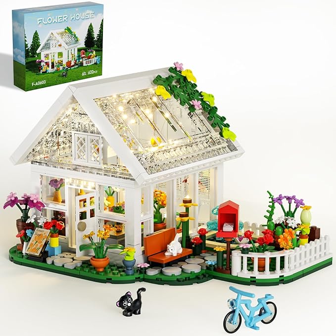 Flower House Building Set with LED Light, Garden House Fountain Countyard Buiding Toy with Flowers Potted & Cat Playset, Greenhouse Model Xmas Decor Gifts for Adults Friends Girls 6+