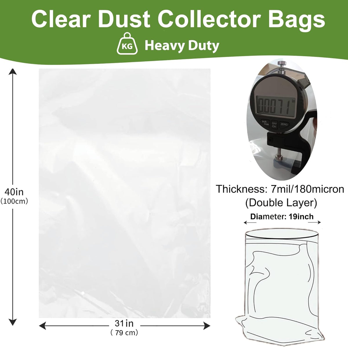 Dust Collector Bags 12pcs two-sided 7mil 19.5" diameter (31" width x 40" length) for Harbor Freight Central Machinery 35 and 70 Gallon Dust Collector (12)