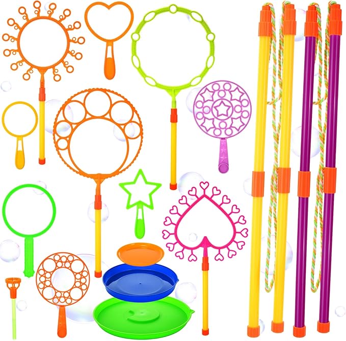 Lenwen 16 Pcs Giant Bubble Wands Kit Big Maker Toy Large Gigantic Bubble Wands with Refill and Tray for Summer School Birthday Outdoor Playtime Fun Activity Party Favors(Assorted)