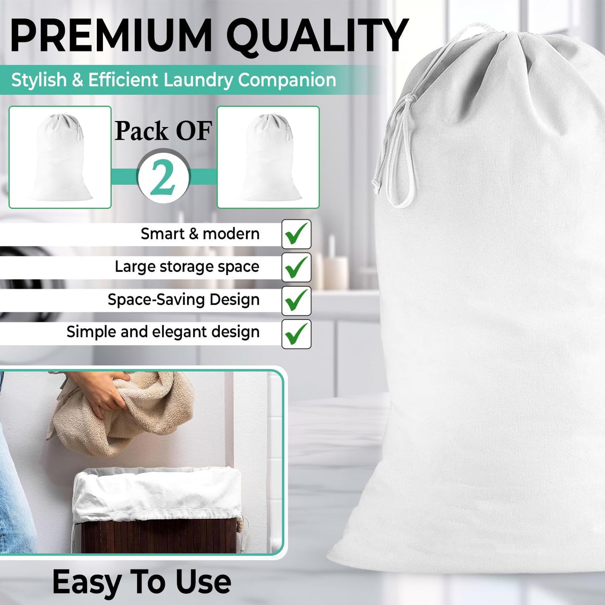 2 Pack - Extra Large Cotton Laundry Bag, Heavy Duty Large Laundry Bags 24 x 36 inch XL Drawstring Travel Organizer Bag Fit Hamper Basket Camp (WHITE, Pack of 2)
