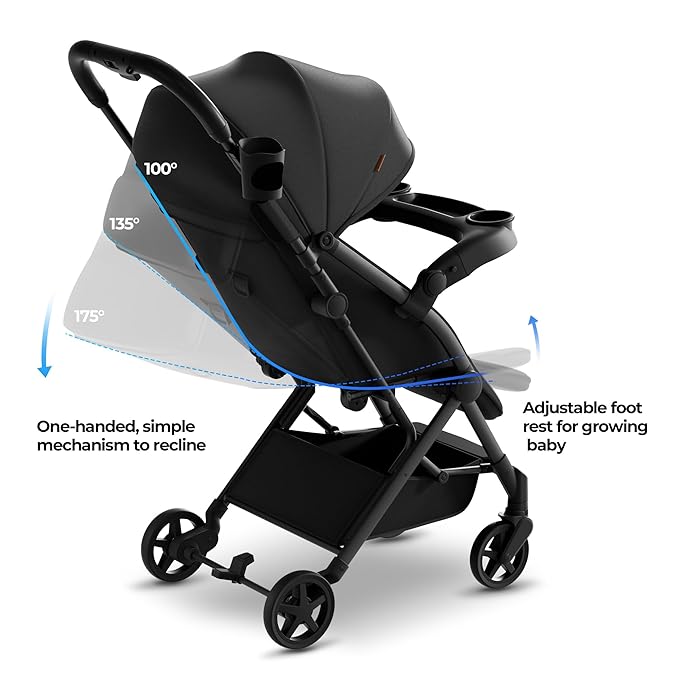 Mompush Lithe V2 Lightweight Travel Stroller, Compact Foldable Baby Stroller with Travel Bag, One-Hand Fold Stroller, Snack Tray, Mechanical Recline Seat, Airplane-Ready, UPF 50+ Canopy & Rain Cover